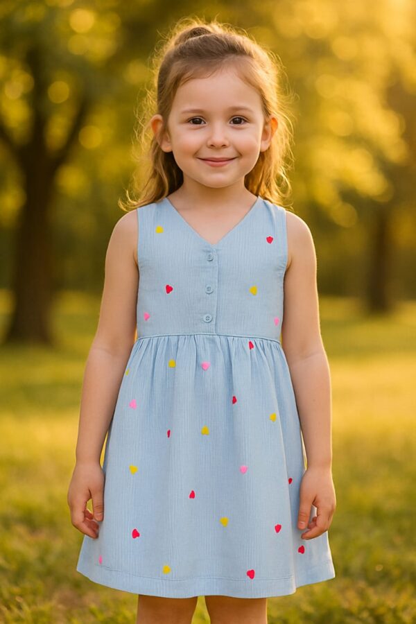 KAKA FASHION GIRLS COTTON HEART PRINT FROCK BLUE STRIPES DELIGHT - Image 2