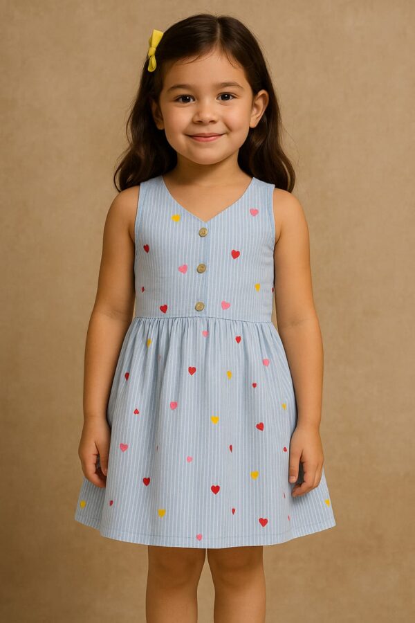 KAKA FASHION GIRLS COTTON HEART PRINT FROCK BLUE STRIPES DELIGHT
