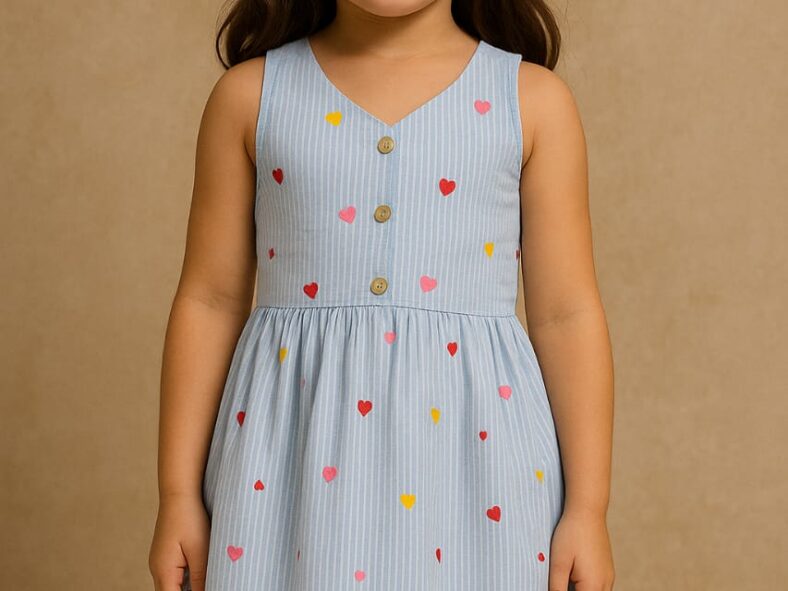KAKA FASHION GIRLS COTTON HEART PRINT FROCK BLUE STRIPES DELIGHT